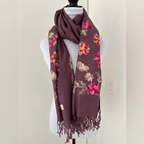 PASHMINA Floral Embroidery Oversize Pashmina Silk Blend Travel Luxury Cozy Chic - Picture 5 of 13